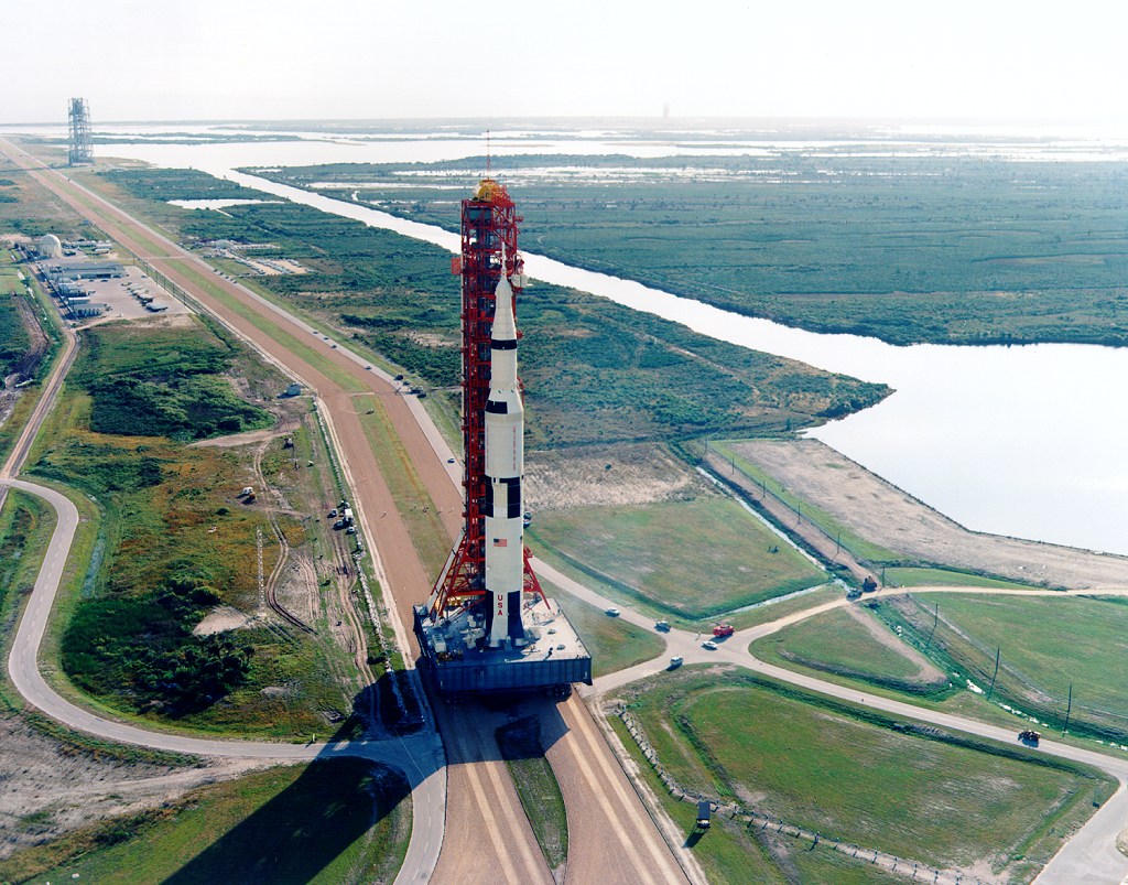 The Apollo 8 space vehicle makes progress down the crawlerway