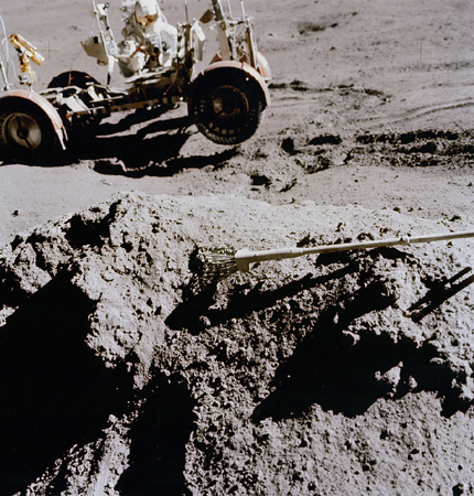 Jim Irwin holding LRV at Station 6a