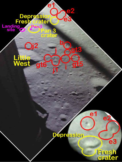 frame from the descent fil showing the three
largest "e" boulders